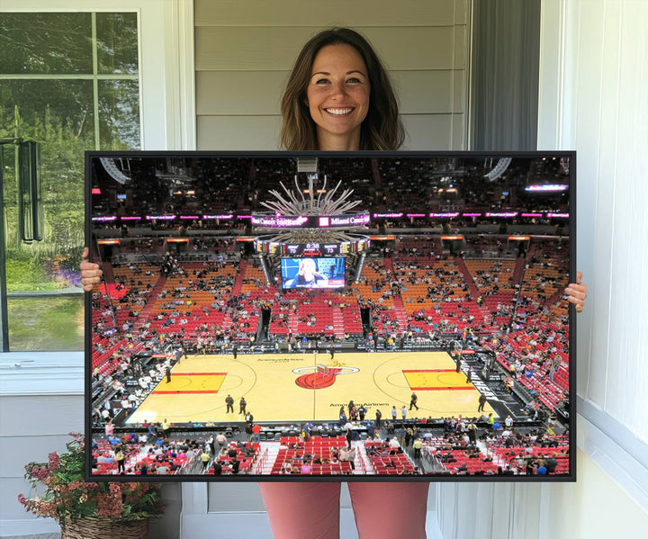 A Miami Heat Basketball Print showcases Kaseya Center Stadium Wall Art with a grand scoreboard.