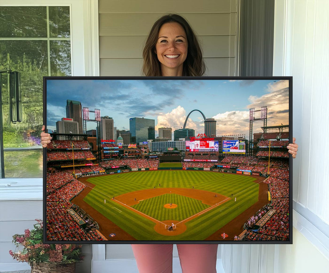 Canvas art of the St. Louis Cardinals Busch Stadium, capturing the citys skyline.