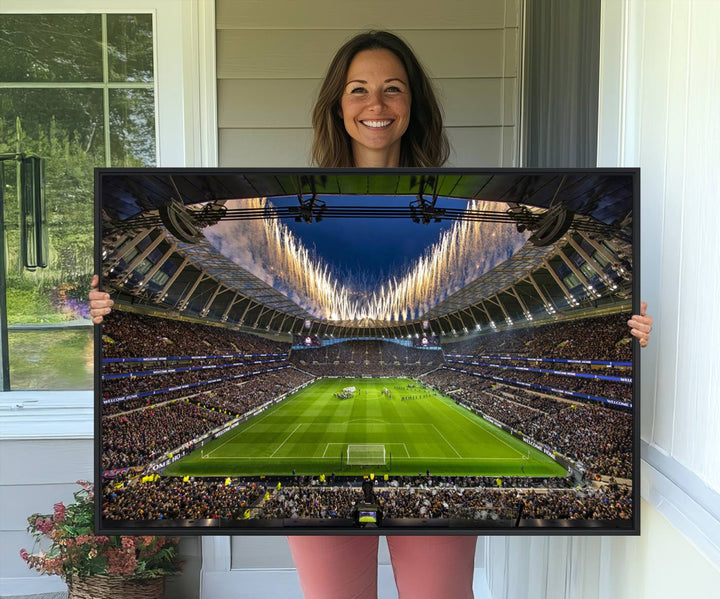 A stunning Tottenham Hotspur Stadium wall art captures the energy of a stadium packed with fans and vibrant lights.