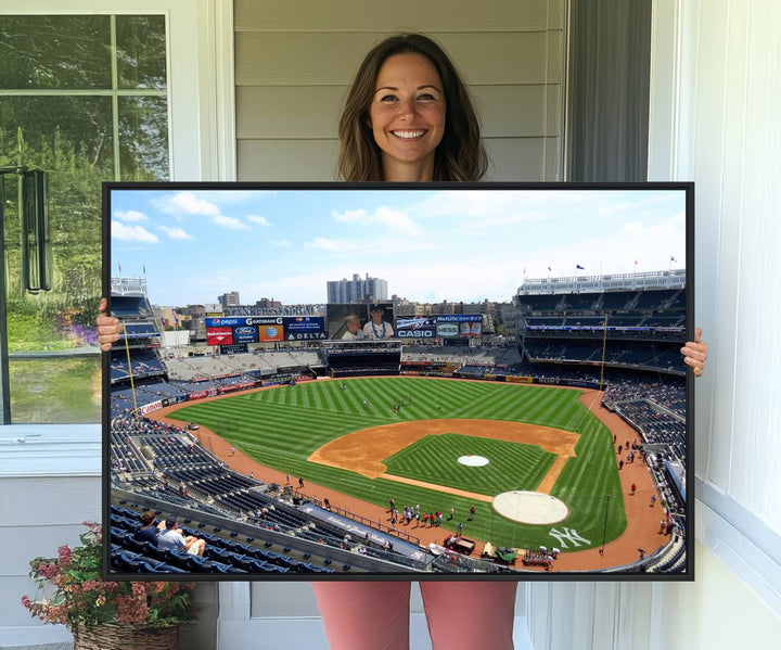 The living room features a Buffalo Bills Stadium wall art.