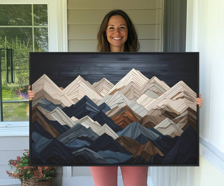 Abstract wood mountain range wall art in a 3-piece set featuring shades of blue, brown, and cream, ideal for modern rustic decor.