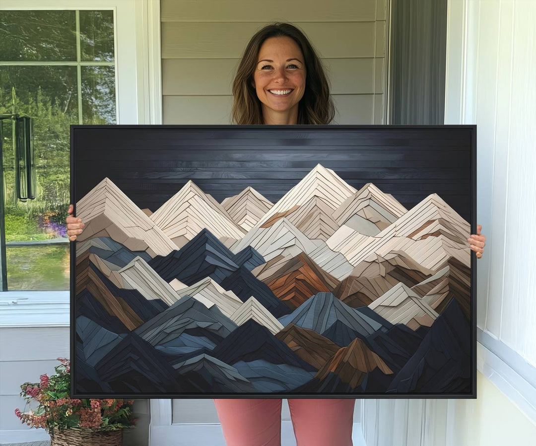 A geometric mountain range wood style wall art in shades of blue, gray, and brown; a 3-piece abstract set perfect for modern rustic decor.