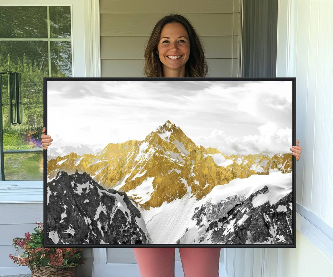 Gold Abstract Mountains Wall Art Print on Canvas.