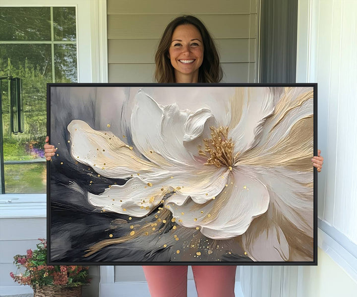 Elegant White and Gold Floral Triptych Canvas Art, a modern textured flower painting for home or office decor, features a blurred gray background.