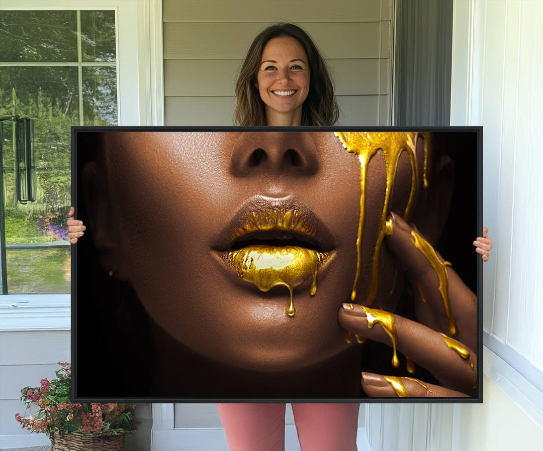 African American Art Canvas Print of a Black Woman with Gold Lips.