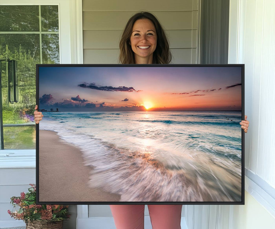 The Sunset Beach Wall Art adds tranquility to the living room.