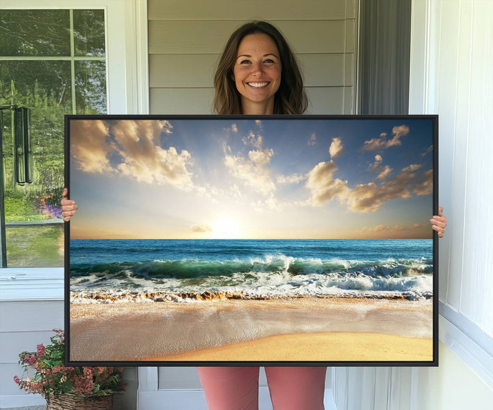 A Golden Sunset Beach triptych adorns the wall.