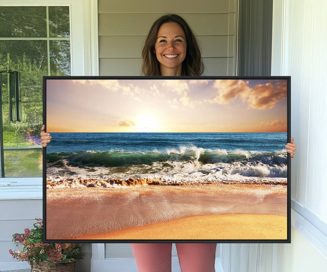 A Sunset Beach Wall Art hangs on the wall.