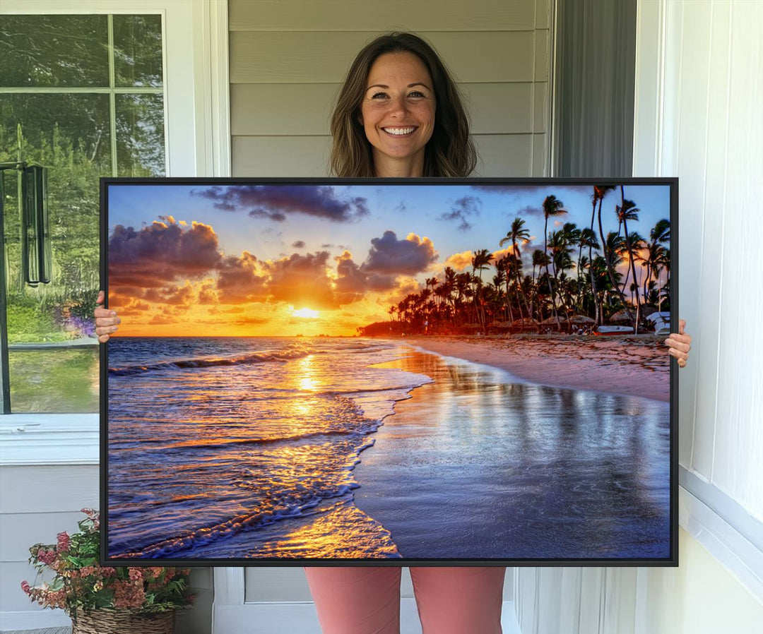 Serene Beach Sunset Wall Art Canvas featuring ocean waves hangs prominently.