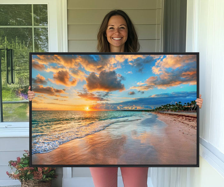 The Serene Beach Sunset Wall Art captures waves gently on the sandy shore.