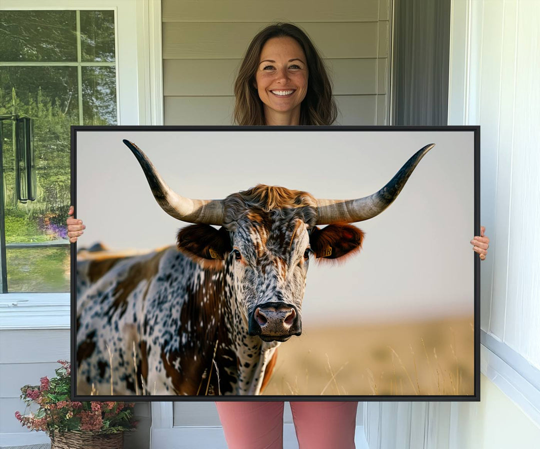 The Texas Bull Longhorn Wall Art Canvas Print is perfect for farmhouse decor.