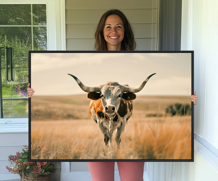 The Texas Cow Longhorn Wall Art Canvas adds rustic charm to the decor.