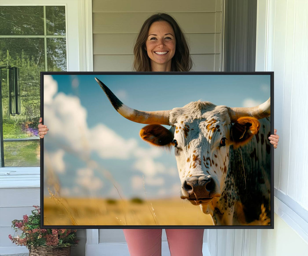 The Longhorn in the Prairie triptych cowboy wall art is ideal for western decor.