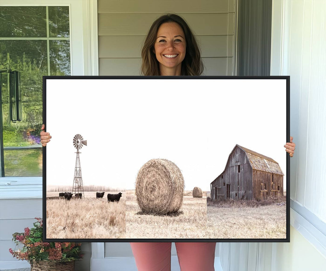 Above the couch, a Rustic Farmhouse Wall Art set depicts a barn and wheat field.