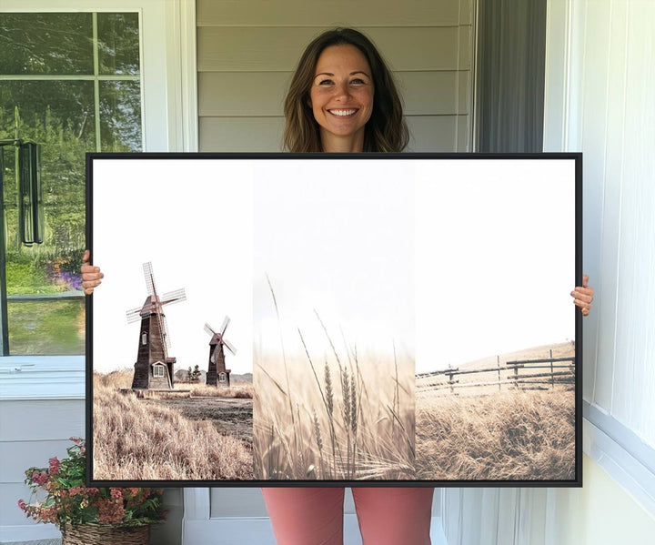 Farmhouse wall art set: 3 giclee canvas prints featuring windmills and wheat fields.