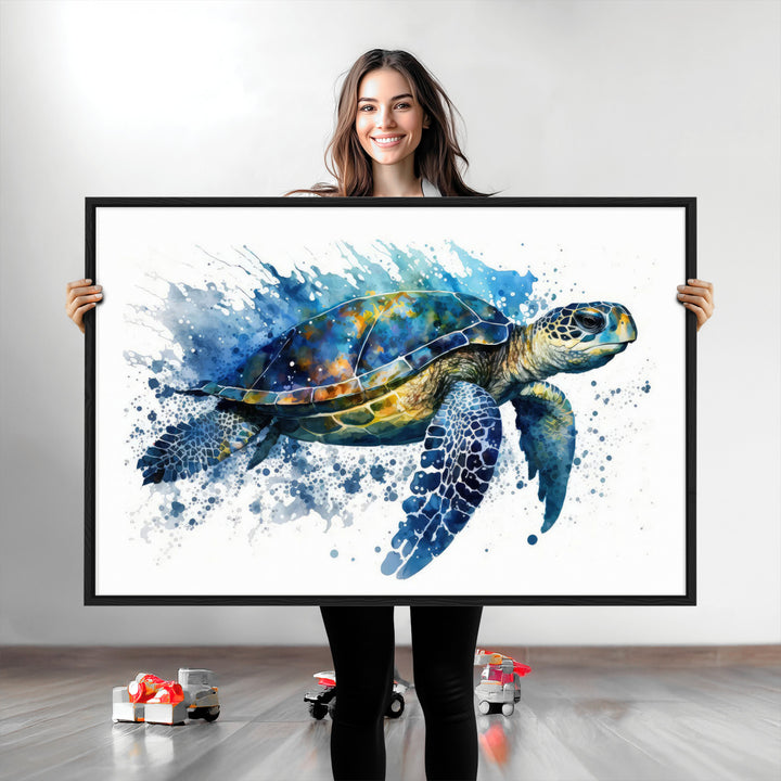 The Turtle Wall Art Print, featuring blue splashes, beautifully showcases Ocean Life.