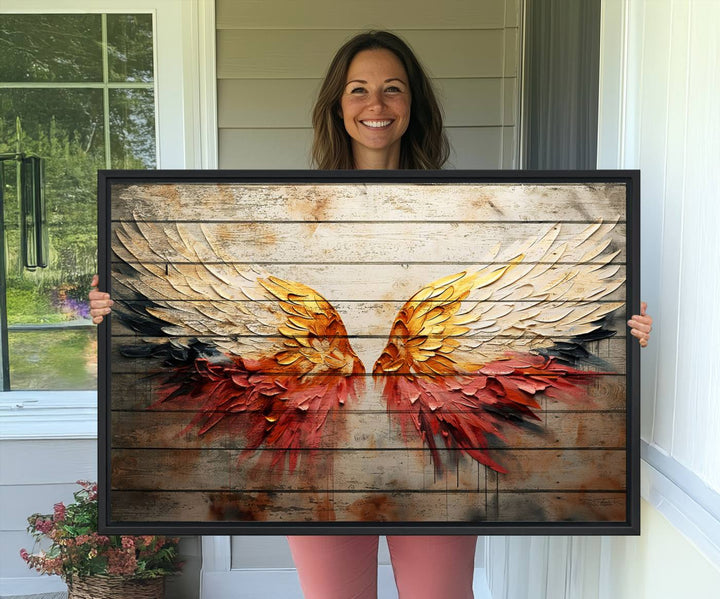 Abstract Angel Wings Canvas Art on a wooden backdrop.