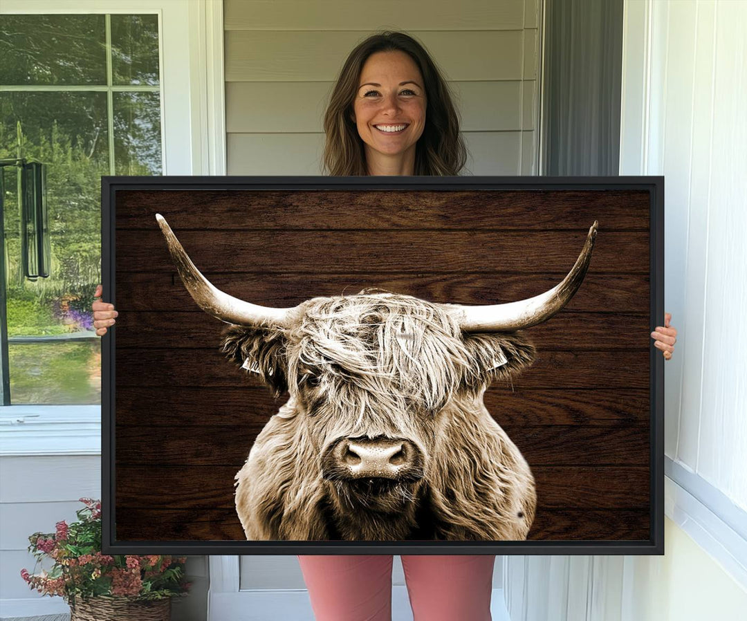 Highland Cow Wall Art Canvas Print: Majestic Scottish bull on rustic decor, ready to hang.