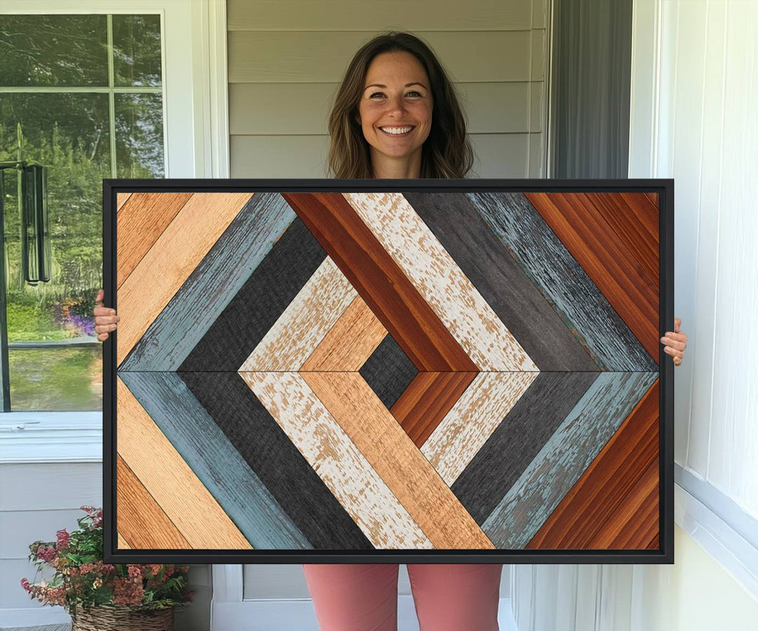 A Geometric Wood Art Wall Decor with a rustic pattern hangs prominently.