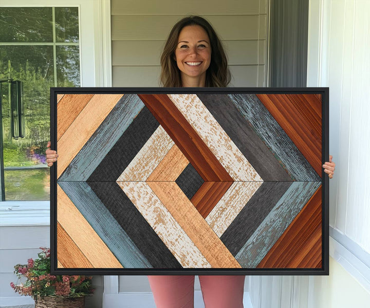 A Geometric Wood Art Wall Decor with a rustic pattern hangs prominently.