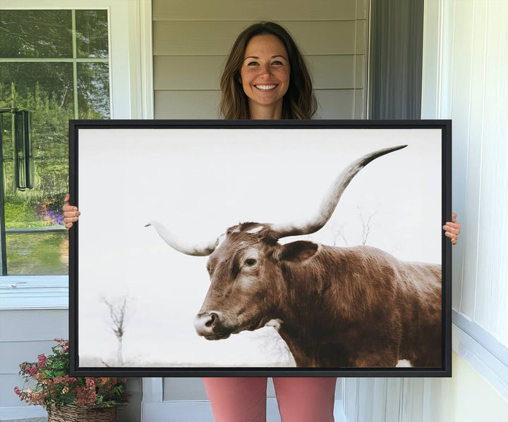 The Rustic Bull Wall Art Canvas decor hangs prominently on the wall.