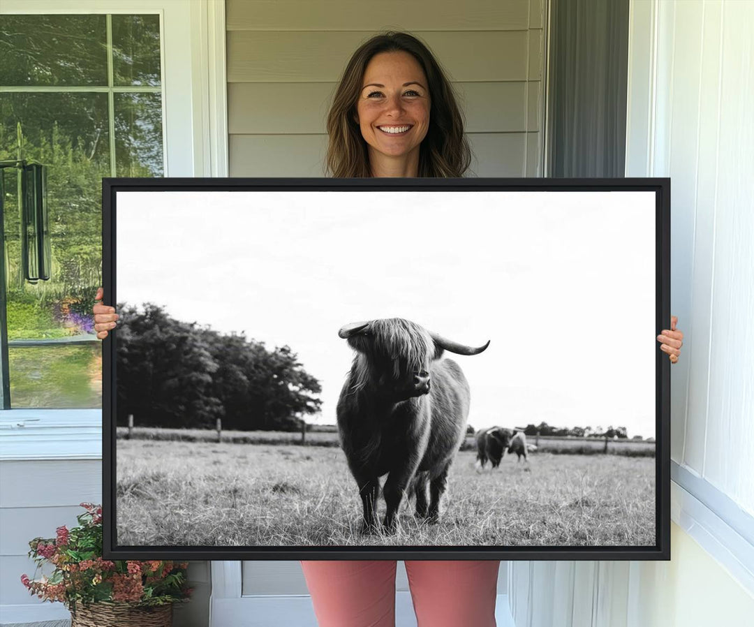 The Black and White Highland Cow Canvas Print is perfect rustic western decor.