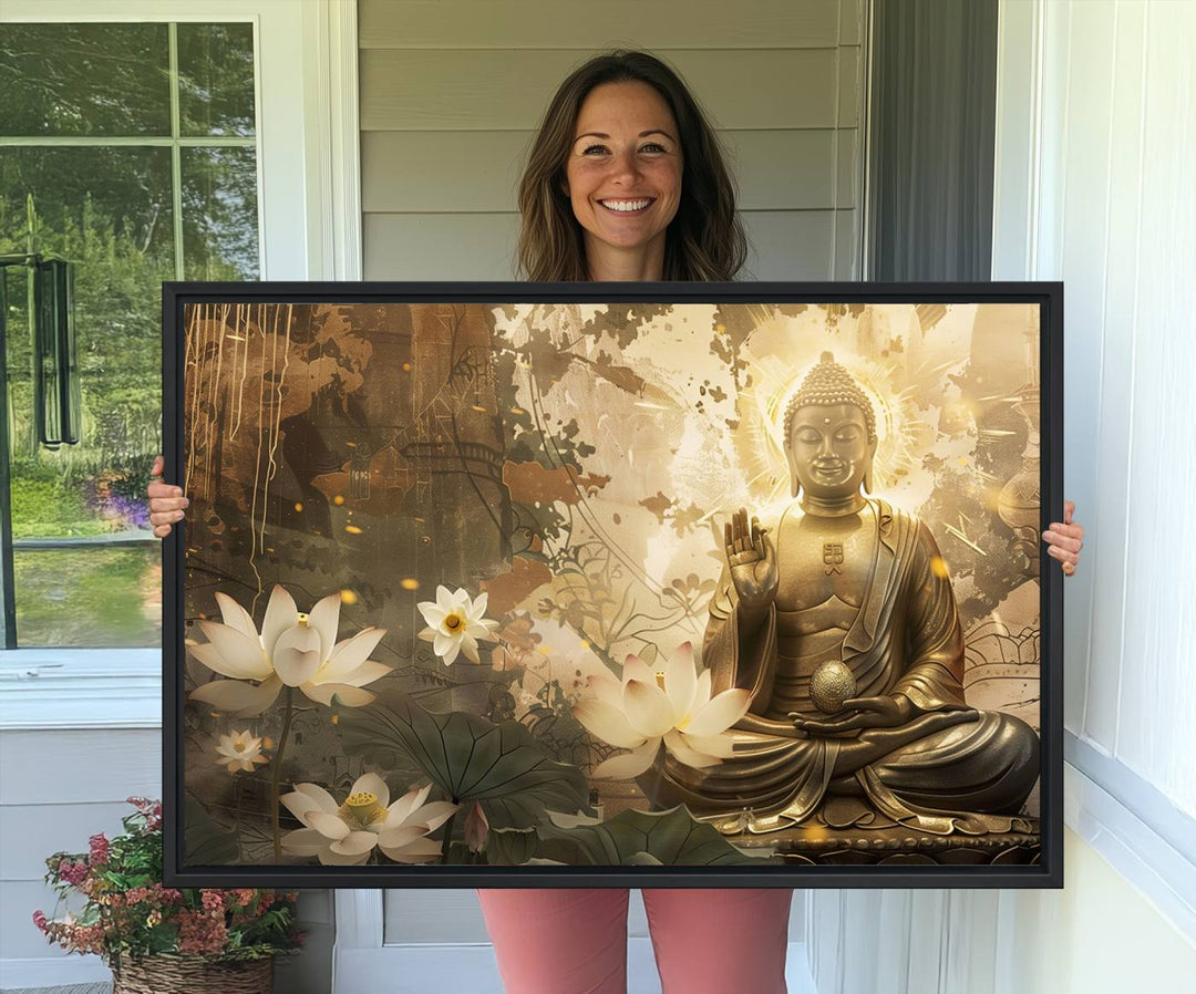 The living room features the Zen Buddha Wall Art Canvas Print with lotus flowers.