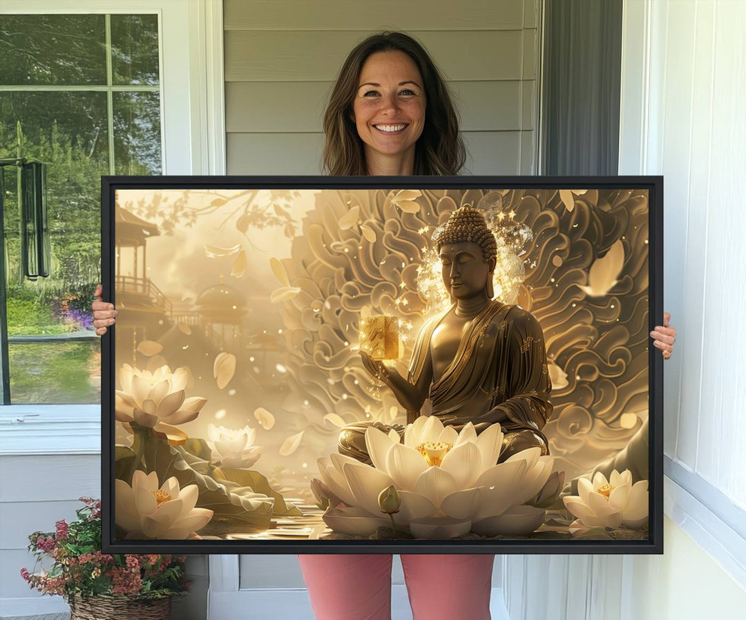 A framed Golden Buddha Wall Art with lotus flowers, ideal for meditation rooms, is beautifully displayed.