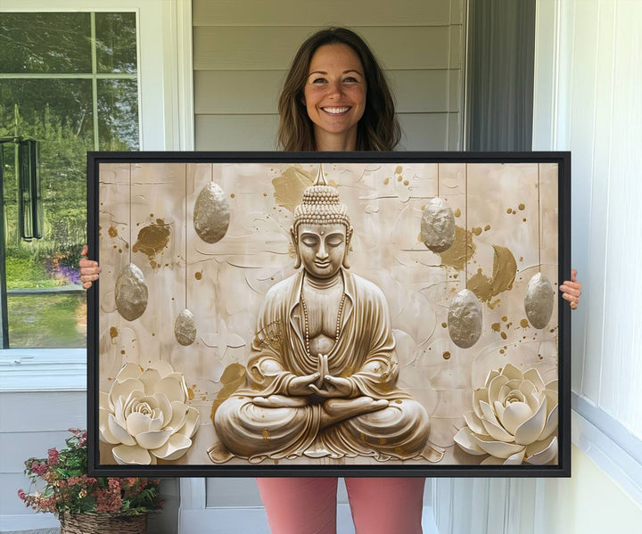 A modern Serene Buddha Wall Art, enhanced by lotus flowers, creates a tranquil atmosphere.