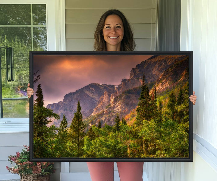 The Colorado Rockies Mountains wall art canvas print at sunset is displayed prominently.