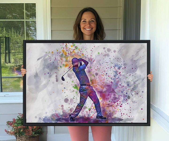 Vibrant abstract silhouette of a golf swing on white with multicolored splatters. Perfect for enthusiasts!.