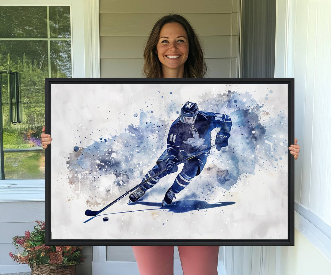 Vibrant Hockey Player Wall Art Display: Blue watercolor print.