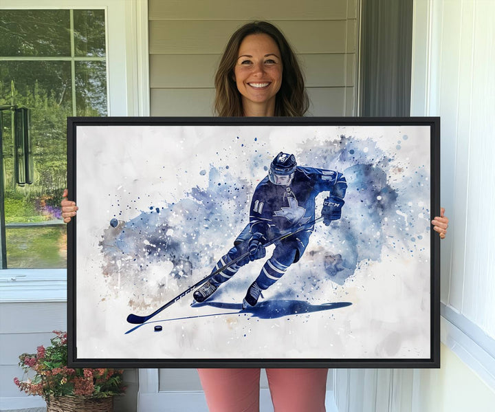 Vibrant Hockey Player Wall Art Display: Blue watercolor print.