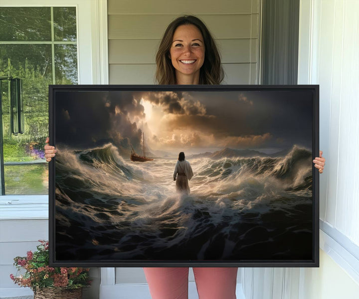 The wall art canvas print depicts a person in white striding on stormy ocean waves towards a sailboat under dramatic skies.