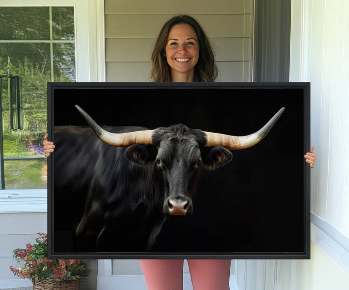 Texas Longhorn Cow | Majestic Black Bull Wall Art Canvas Print - Farmhouse Animal Decor - Ready to Hang