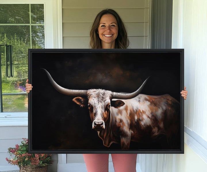 A modern kitchen featuring a Texas Longhorn Wall Art Canvas Print.