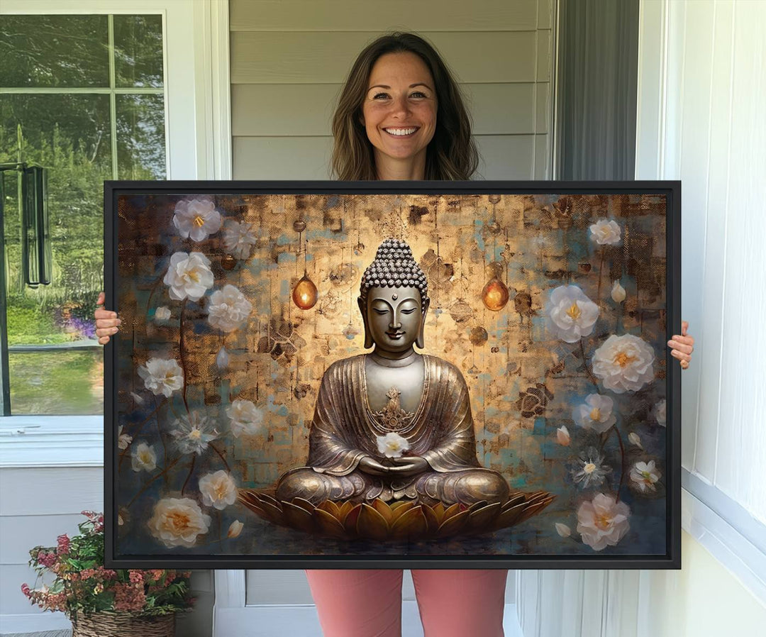 Golden Buddha wall art canvas print on a warm backdrop.