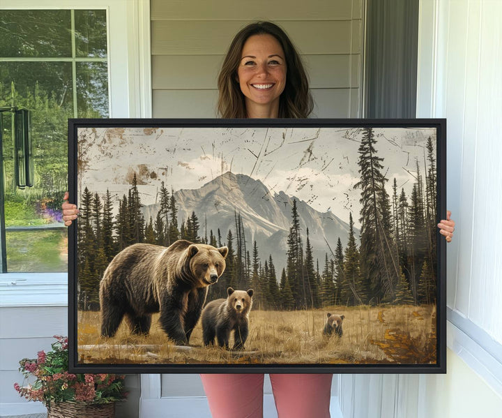 Rustic Grizzly 399: Bear Family Wall Art Canvas Print.