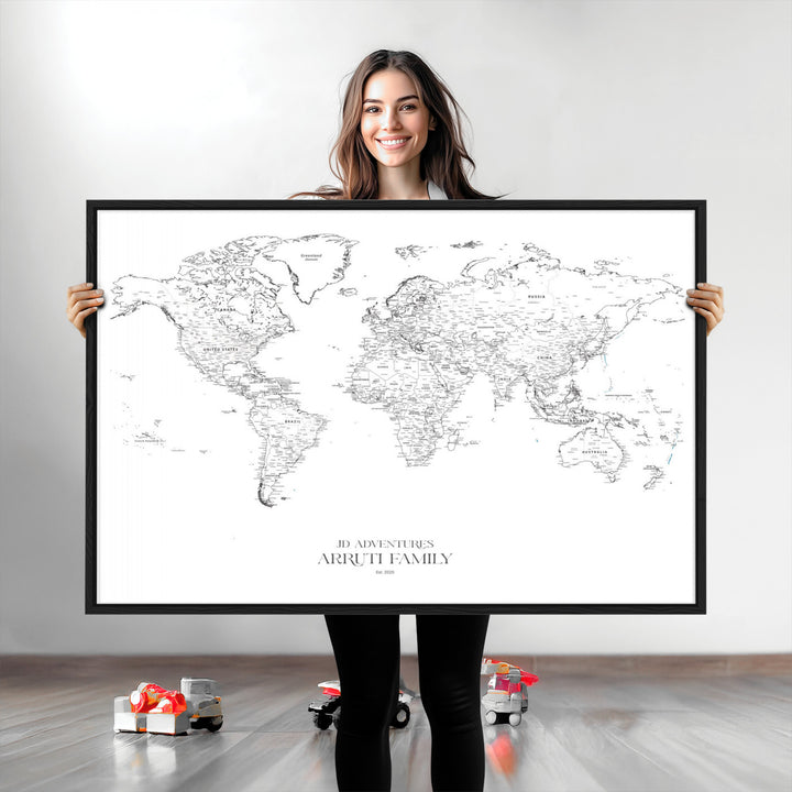 Personalized World Map Wall Art Canvas Print - Custom Push Pin Travel Map Canvas - Framed Map Print for Travel Lover Gift