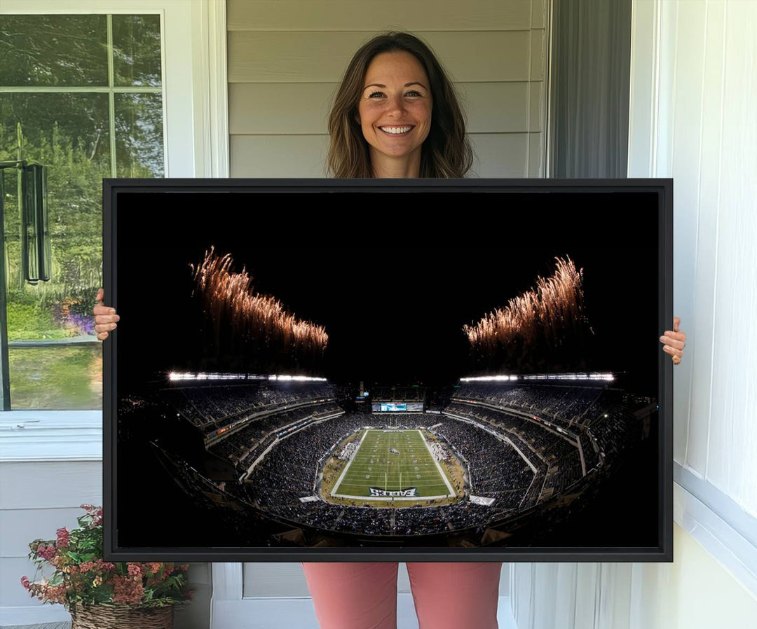 Eagles Stadium Wall Art depicting a nighttime game and fireworks at Lincoln Financial Field.