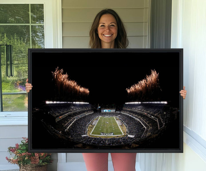 Eagles Stadium Wall Art depicting a nighttime game and fireworks at Lincoln Financial Field.