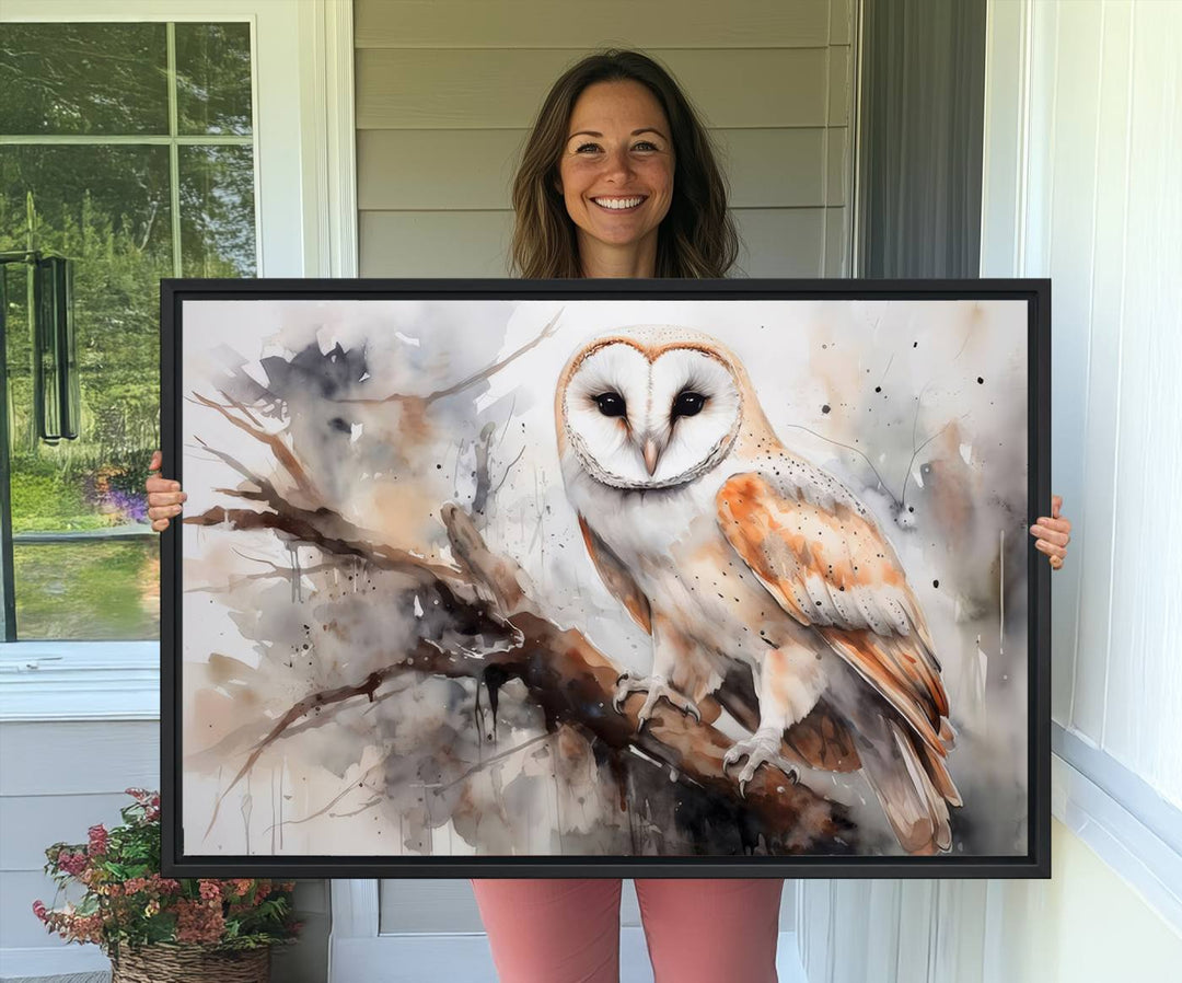 The Barn Owl Wall Art watercolor canvas adds a rustic twist to farmhouse decor.