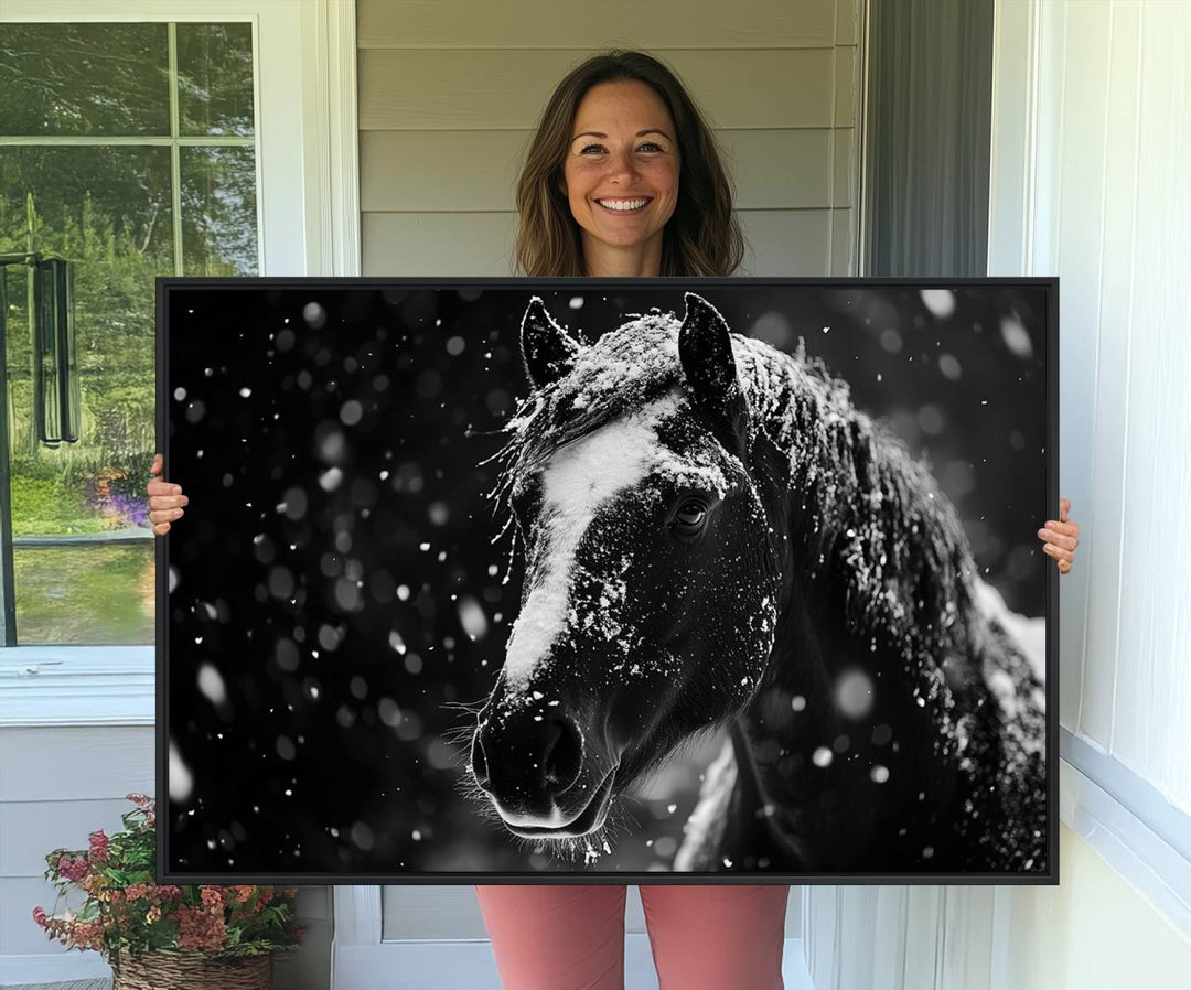 The Winter Horse Wall Art showcases a gentle horse print with snowflakes, ideal for rustic farmhouse or cabin decor.