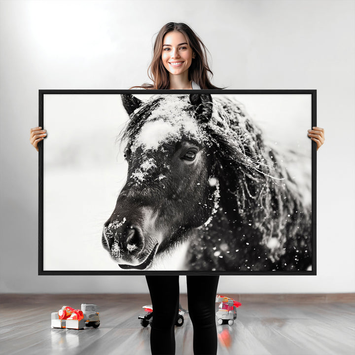 The wall art is a Black and White Horse piece, framed and ready to hang.