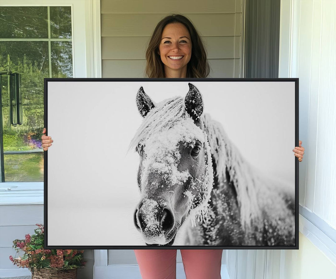 White Horse Wall Art: A black and white photo of a snow-covered horse, framed and ready to hang for farmhouse decor.