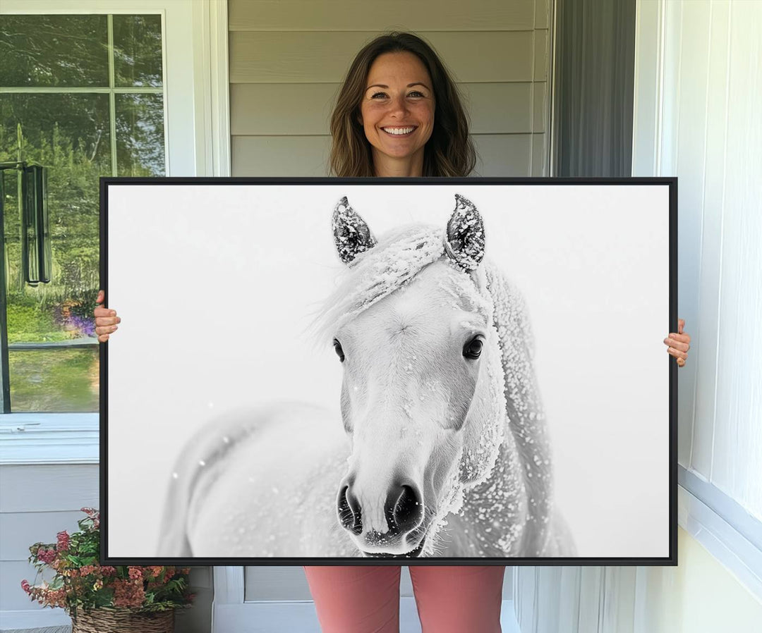 The dining room features the Majestic White Horse Wall Art, adding to its rustic charm.