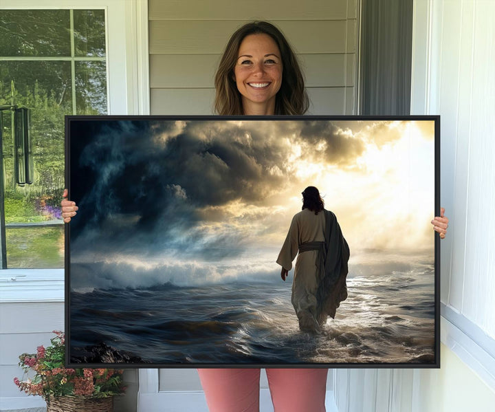 A dramatic sky serves as the backdrop for the Jesus Walking on Water wall art, a perfect piece for Christian home decor.