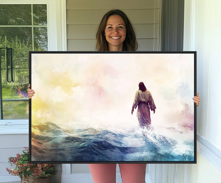 A robed figure strides on water in gentle waves, evoking the Watercolor Jesus Walking on Water canvas art.