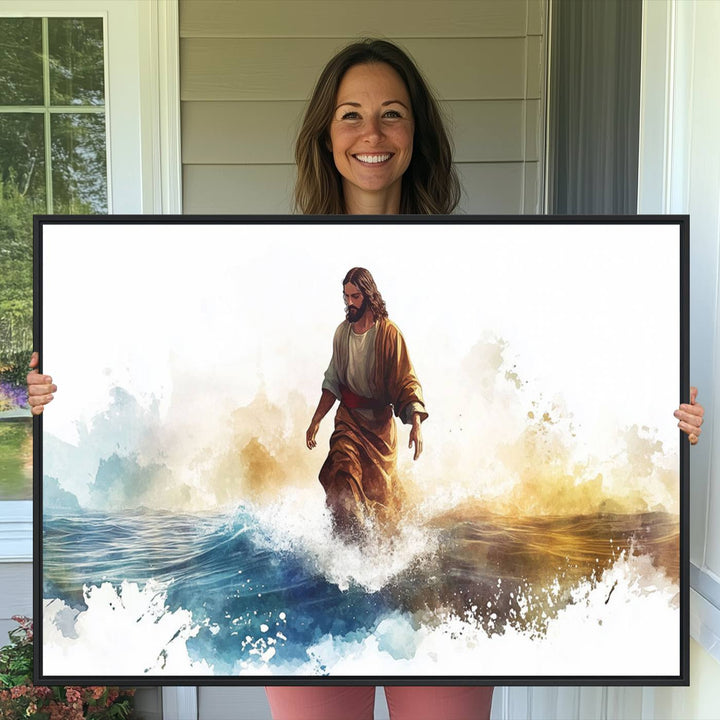 This watercolor canvas print depicts Jesus walking, characterized by abstract splashes against a serene background. It serves as a beautiful piece of Christian wall art.