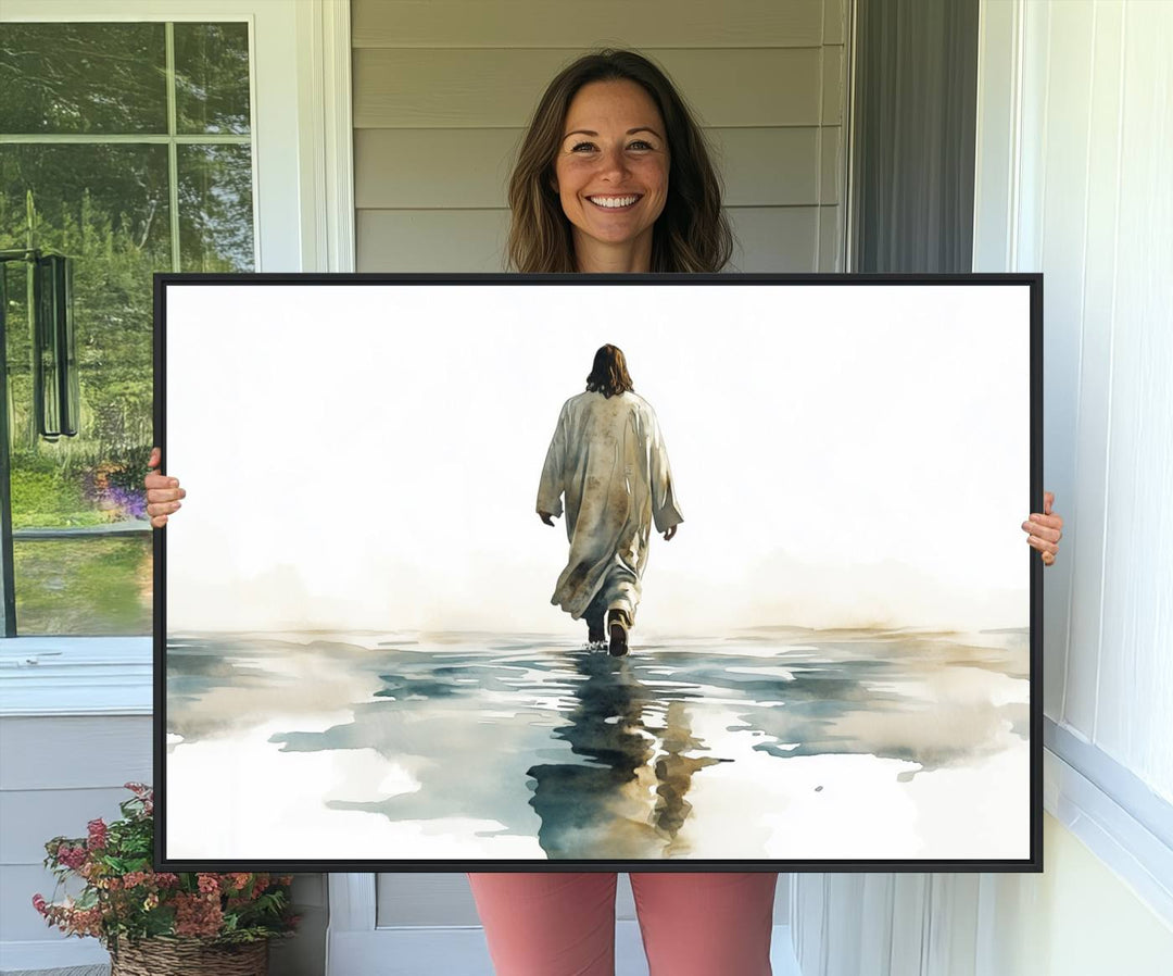 A Watercolor Jesus Walking on Water Christian wall art.